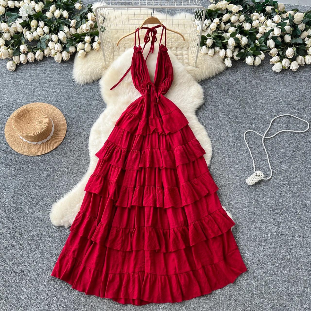 red halter ruffle dress dress party red A-Line Red Halter Ruffle Short Party Dress  FancyVestido
