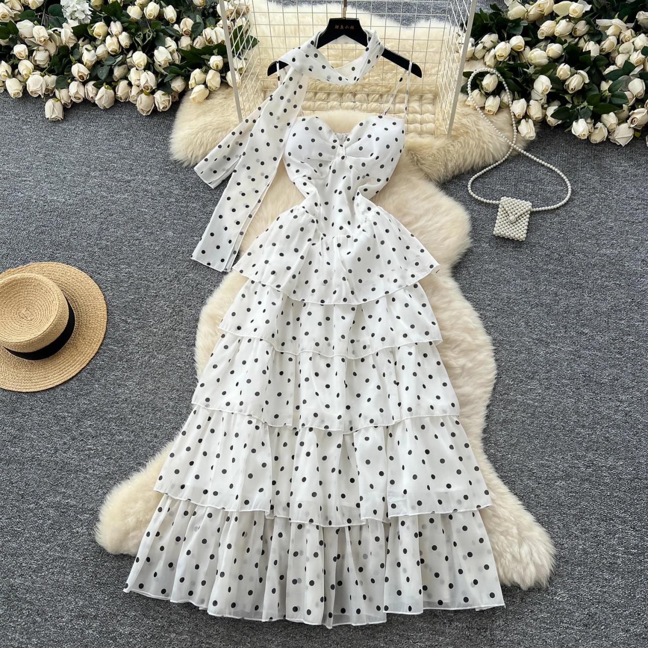 White Polka Dot Tiered Ruffle Maxi Dress