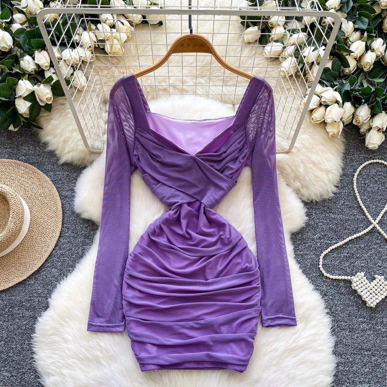 purple long sleeve tight dress Bardot Long Sleeve Mini Bodycon Dress In Purple Glitter | EGO US