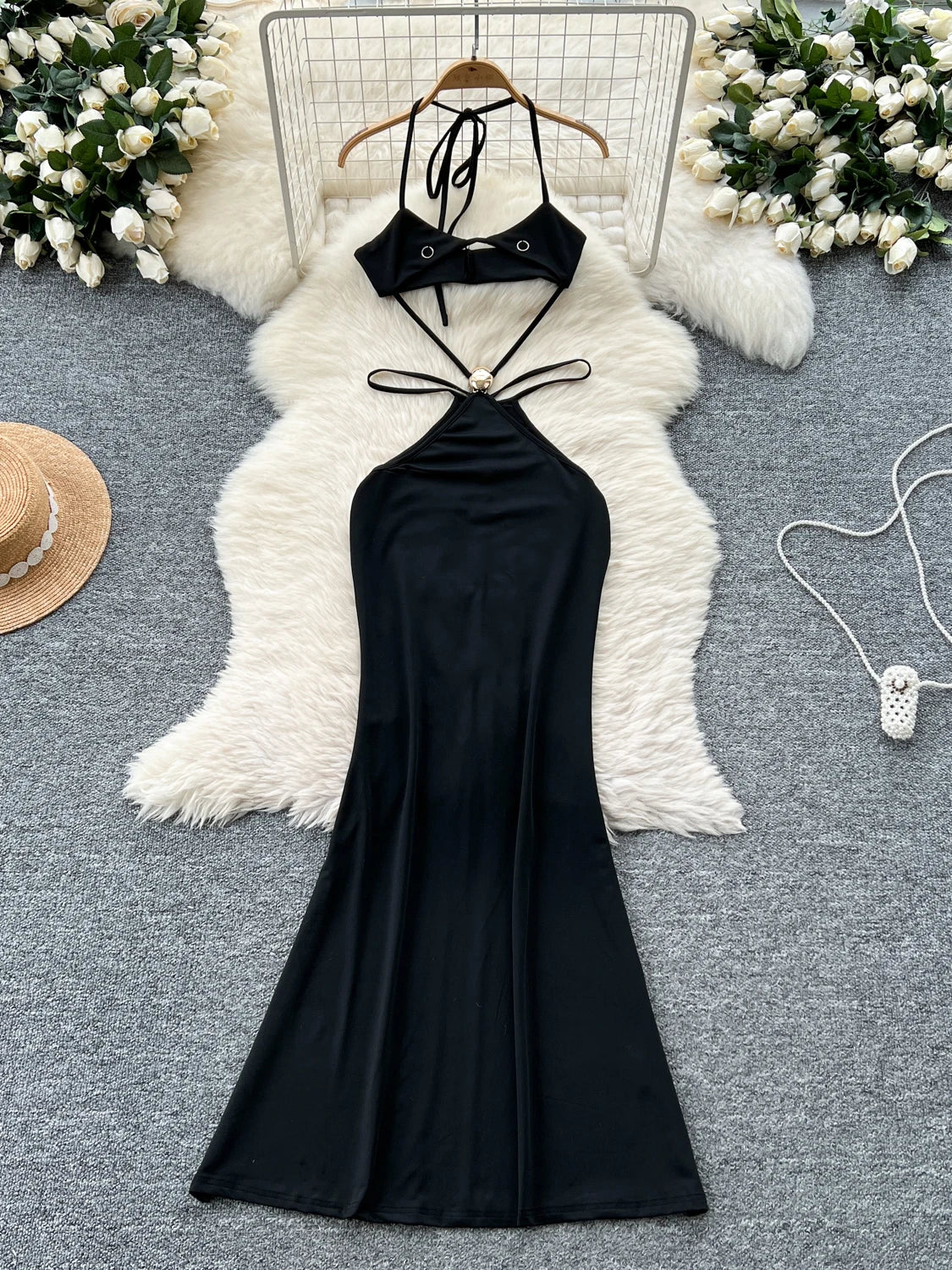 Black Halter Maxi Dress With Pearl Accent
