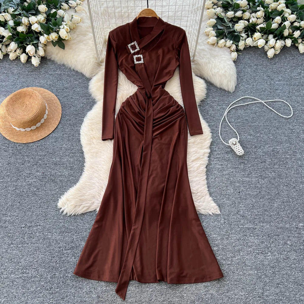 Chic Brown Long Sleeve Wrap Maxi Dress