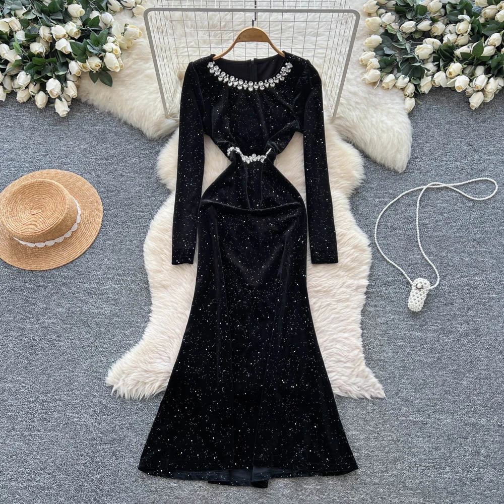 rhinestone maxi dress KE  Miss Cocky mesh lining. Black Velvet Rhinestone Maxi Dress