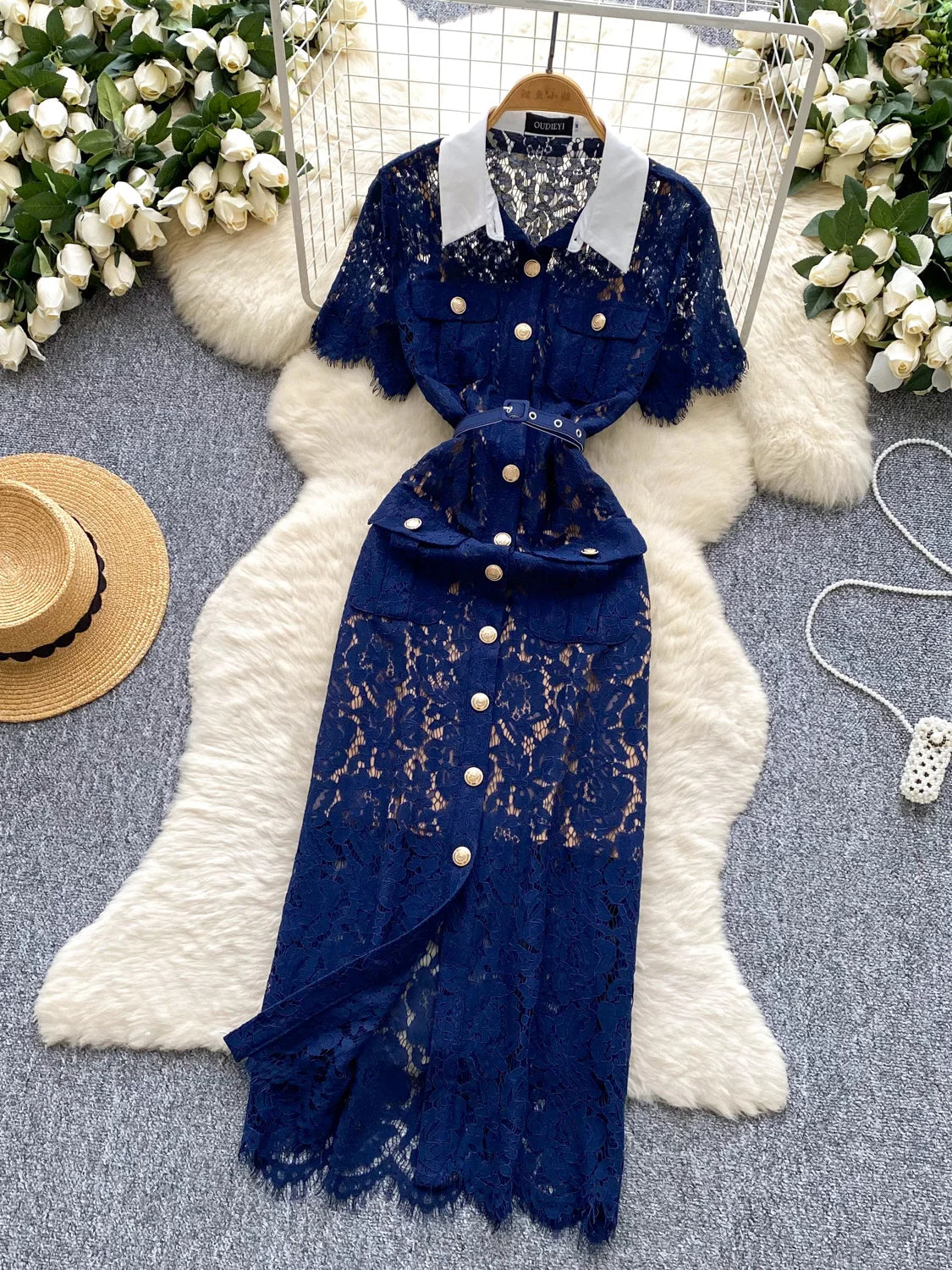 lace button up dress Navy Blue Lace Button-up Midi Dress