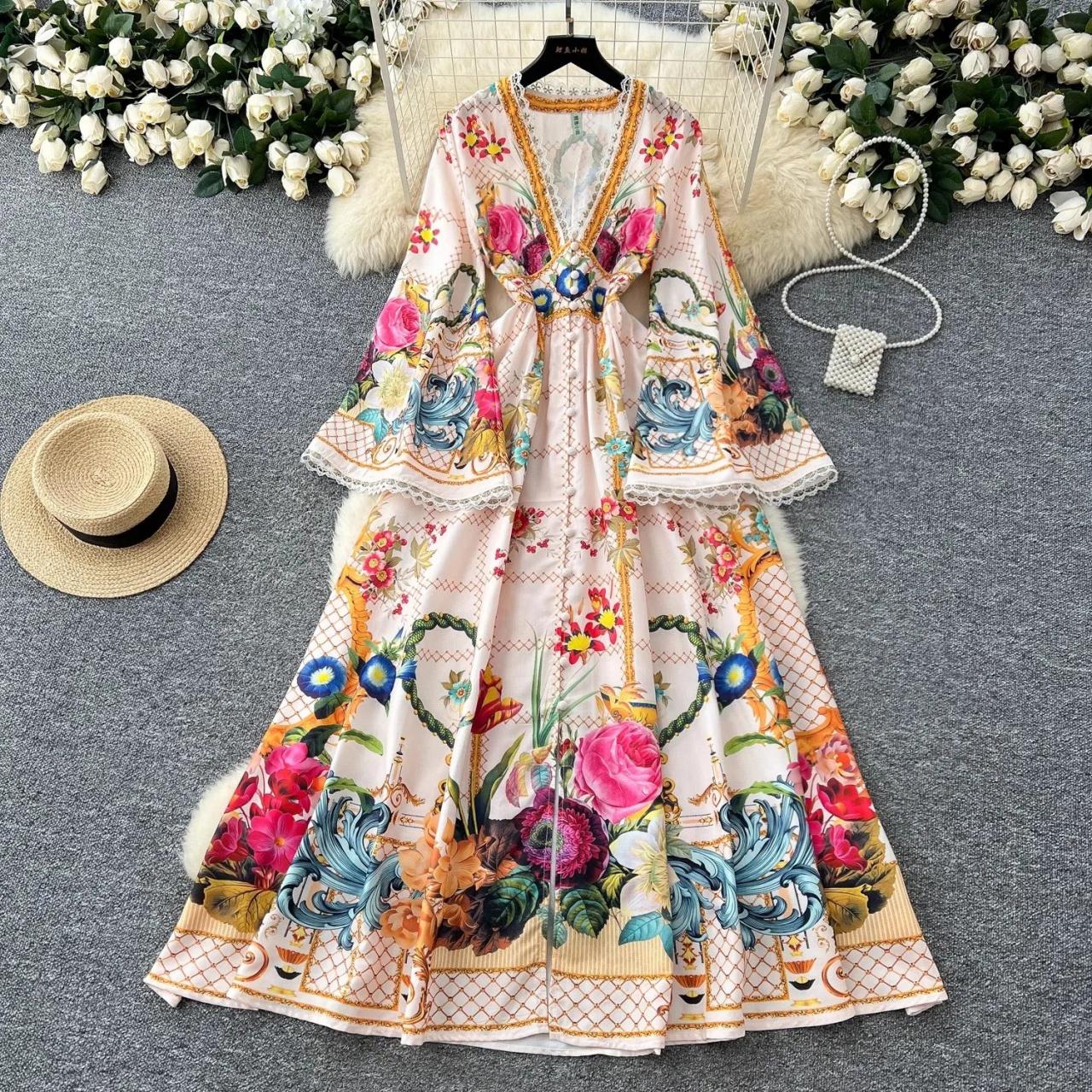 Floral Multi-colored Flowy Maxi Dress With V-neck on Luulla