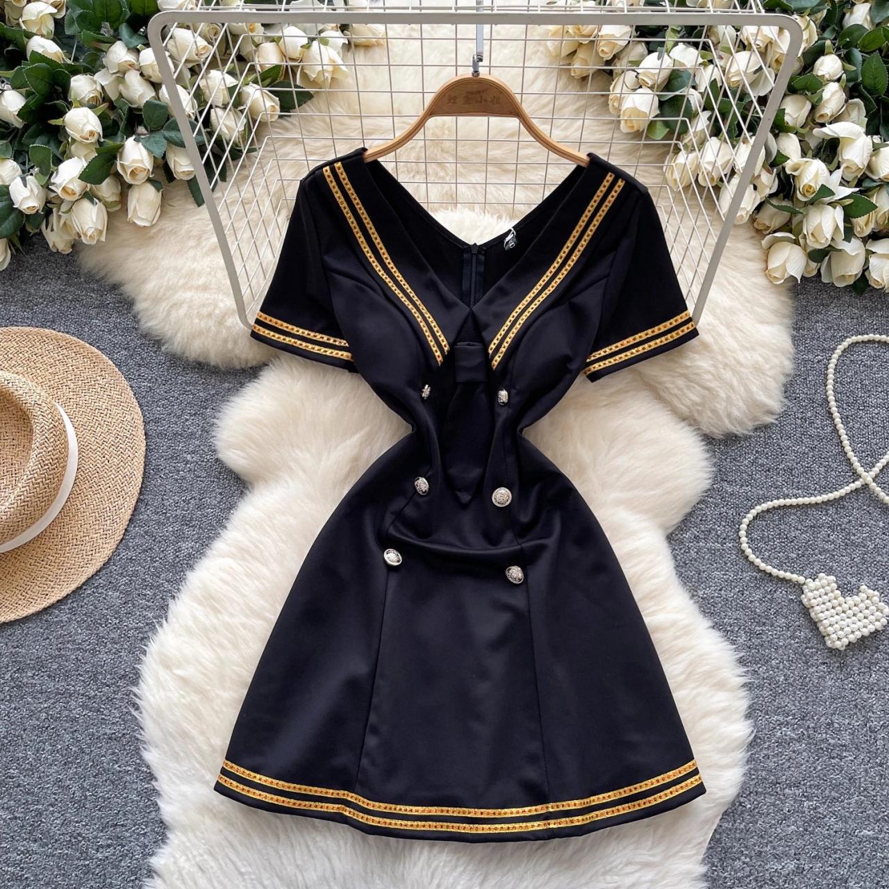 black mini dress gold buttons Midnight Black Tweed Mini Dress L main image 0