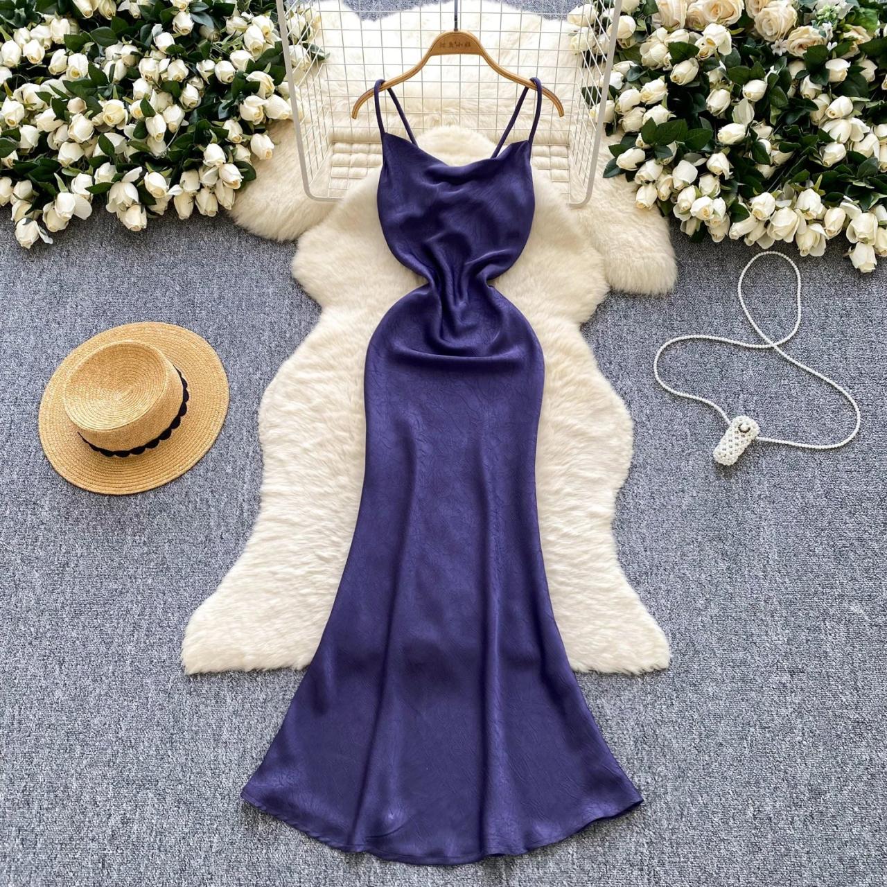 Satin Purple Spaghetti Strap Long Evening Dress on Luulla
