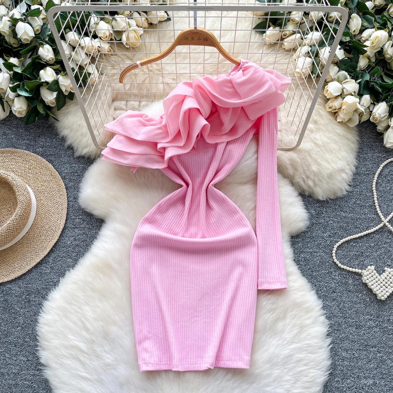 one shoulder ruffle bodycon dress Wholesale Solid Elegant One Shoulder Ruffle Bodycon Dress  Wholesale Midi  Evening Party Dress AM041225
