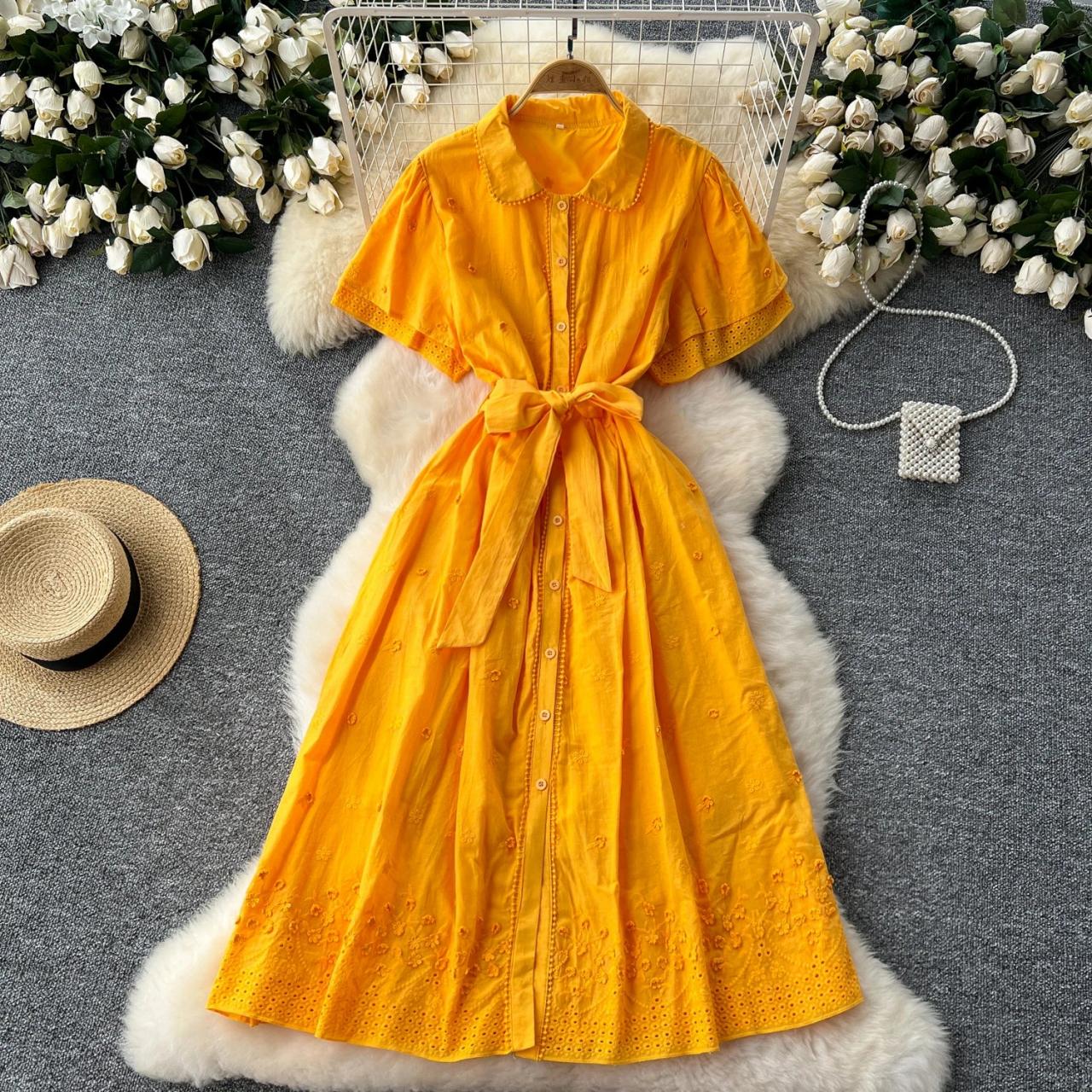 yellow button down midi dress Yellow Embroidered Button-down Midi Dress With Belt