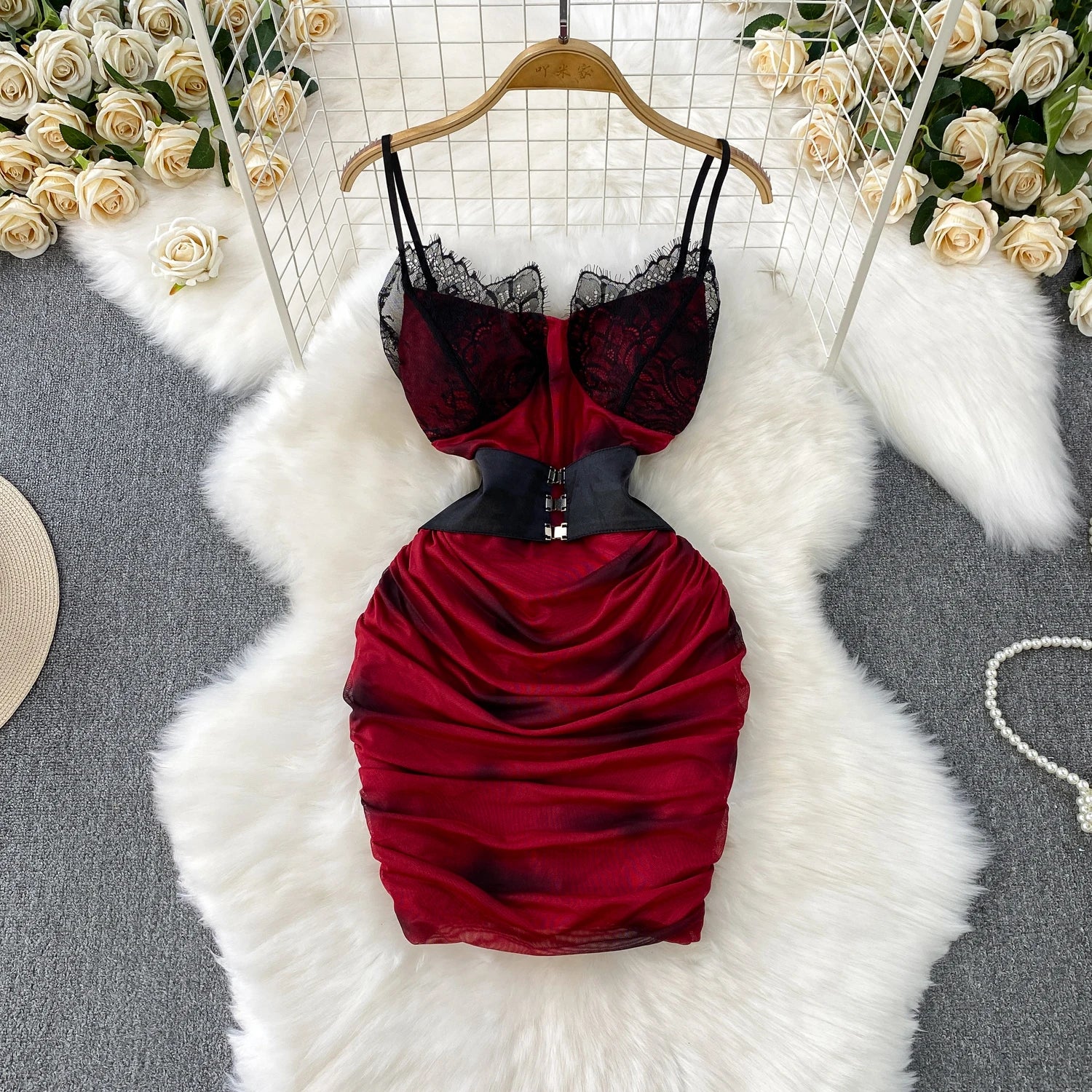 red and black lace bodycon dress SHEIN MOD Floral Print Contrast Lace Cami Red And Black Bodycon Dress
